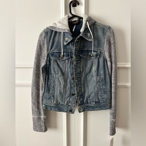 Free People  Denim Jacket with Gray sweatshirt material Sleeves/Hood
